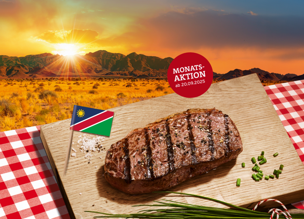 BLOCK HOUSE Monatsaktion ab dem 20. September 2025: saftiges Rumpsteak aus Namibia, präsentiert vor Sonnenuntergangs-Kulisse.