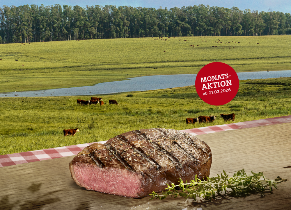 Saftiges Rumpsteak aus Uruguay und Kräuterzweig auf Brett, im Hintergrund Weidelandschaft mit Rindern und Wasserlauf