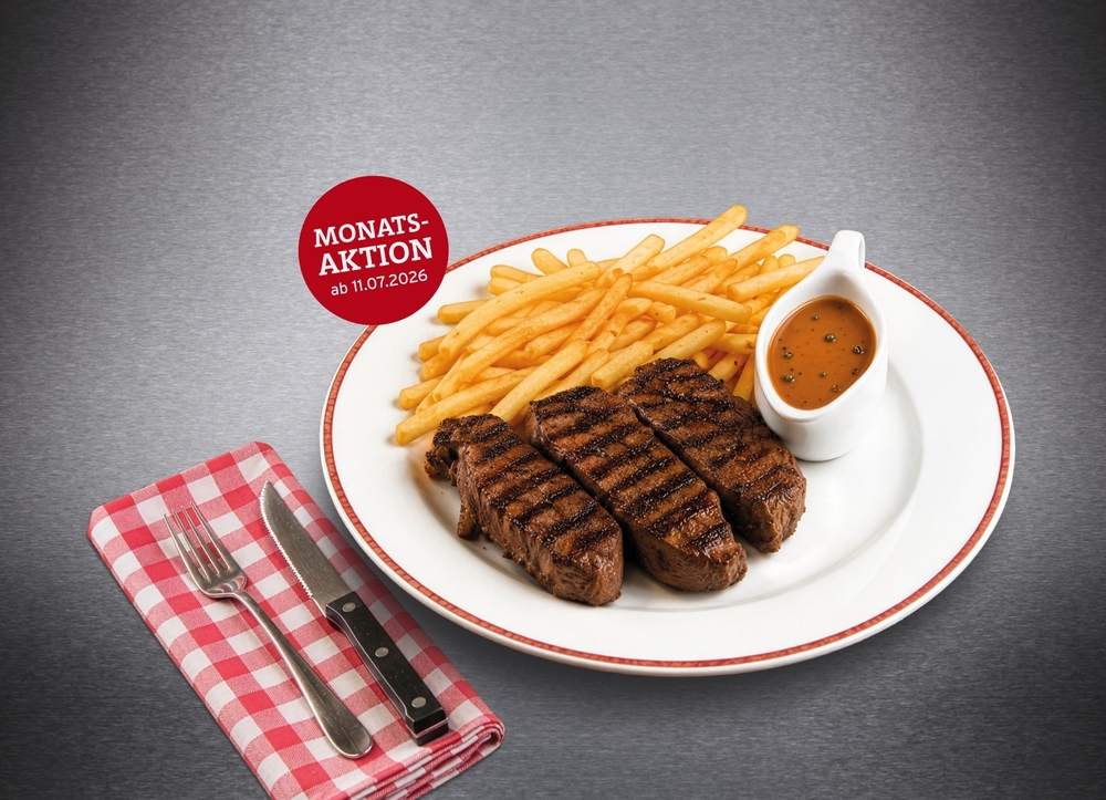Flat Iron Steak mit Pommes frites und Pfefferrahmsauce auf einem Teller – BLOCK HOUSE Monatsaktion ab 11. Juli 2026