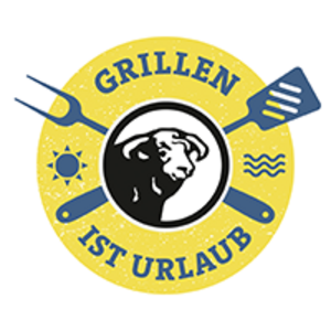 Gelbes Kampagnenlogo mit der blauen Aufschrift "Grillen ist Urlaub" und dem BLOCK HOUSE Bullen in der Mitte