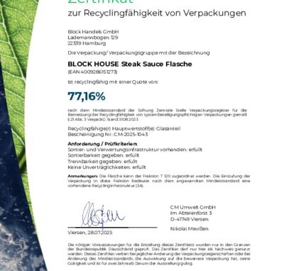 BLOCK HOUSE Kreislaufwirtschaft Zertifikat Steak Sauce