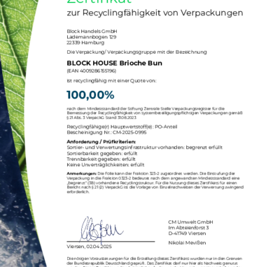 BLOCK HOUSE Kreislaufwirtschaft Zertifikat Brioche Bun