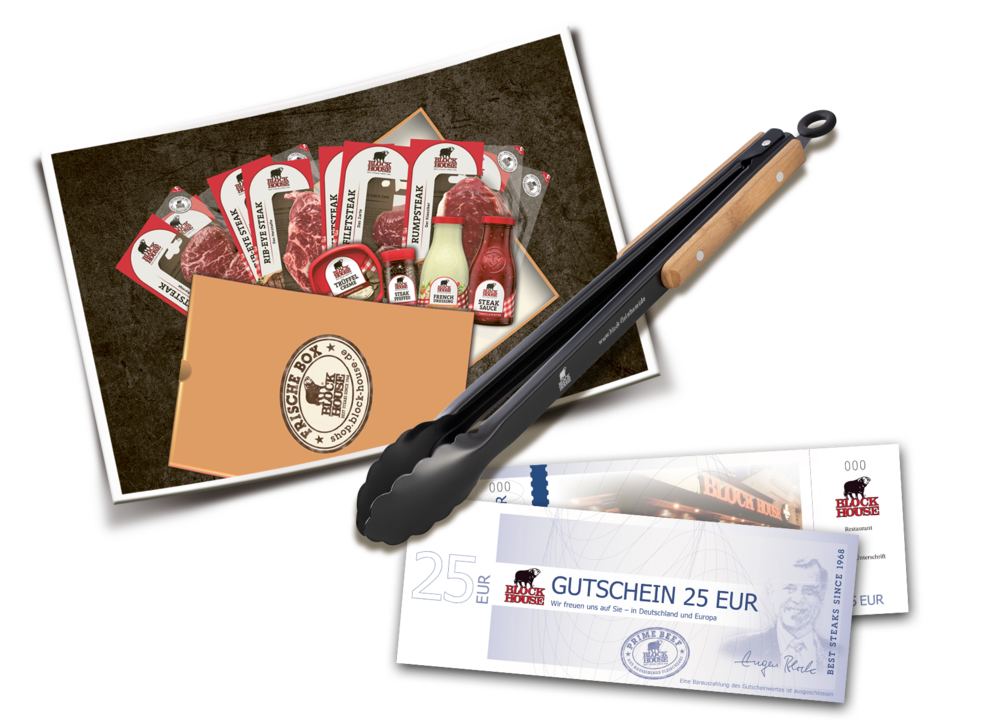 Grillpaket, Grillzange und zwei Block House Restaurant-Gutscheine