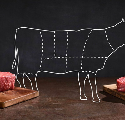 Vereinfachte Linienzeichnung eines Rindes, welches in verschiedene Bereiche aufgeteilt ist, vor schwarzem Hintergrund, zwischen zwei rohen Steaks auf Holzbrettern