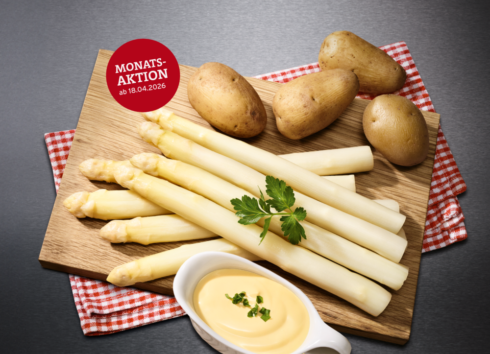 BLOCK HOUSE Monatsaktion: Spargel Frischer weißer Spargel mit Petersilie, neuen Kartoffeln und Sauce Hollandaise auf einem Holzbrett – Monatsaktion ab 18. April 2026
