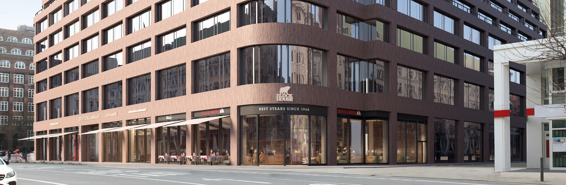 Das BLOCK HOUSE Restaurant im Deutschlandhaus in Hamburg von Außen